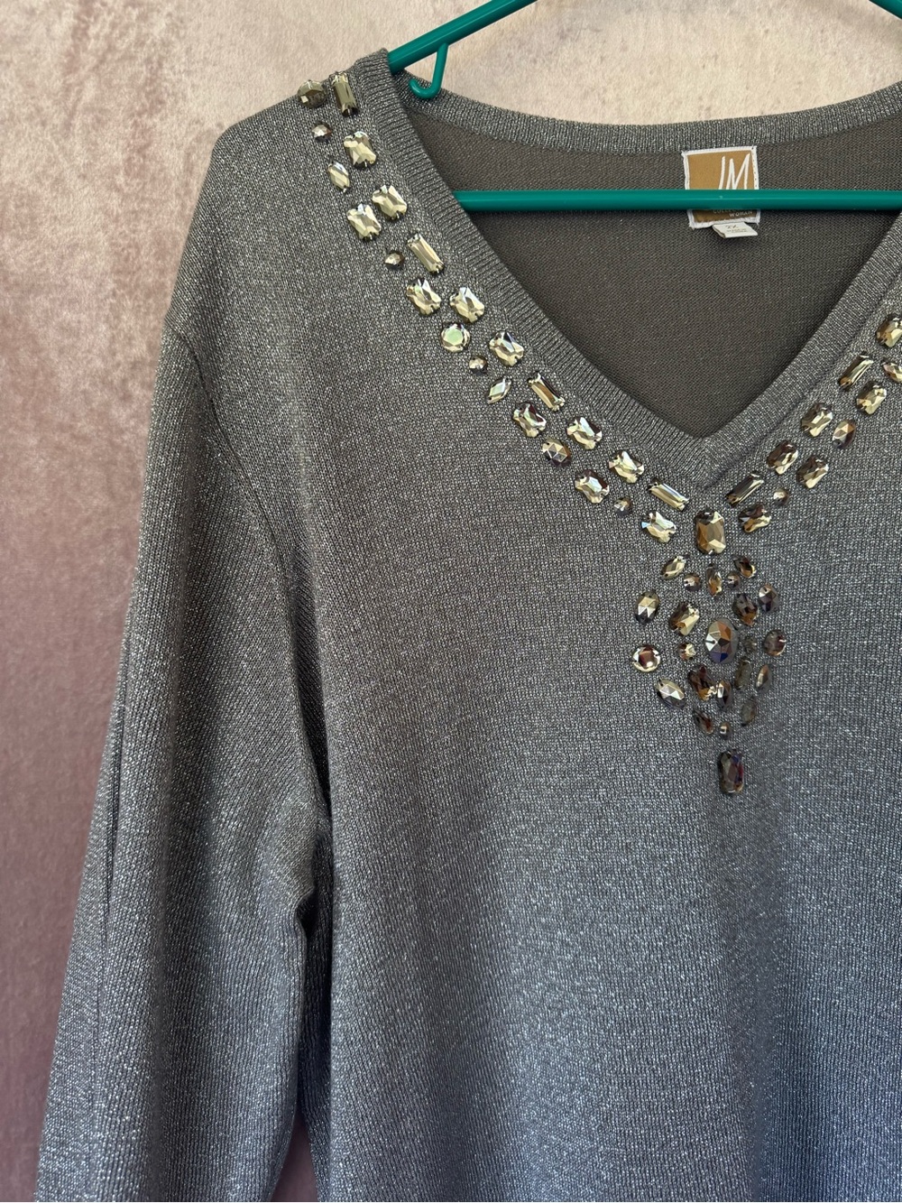 JM Collection Embellished Metallic Tunic Top 2X | Rhinestone V Neck Sparkle Knit